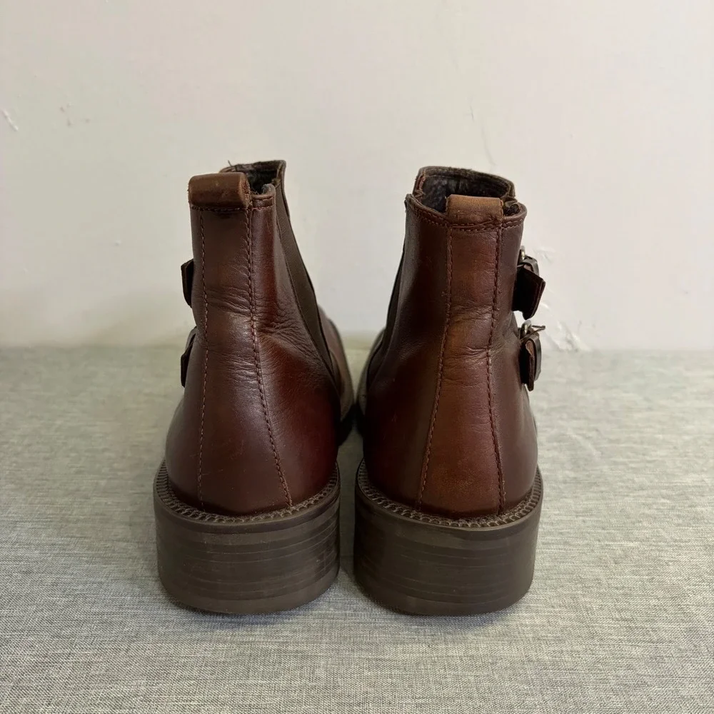 Kenneth Cole Reaction Boots Mens 7.5 Brown Leather Square Toe Buckle Y2K Chelsea
